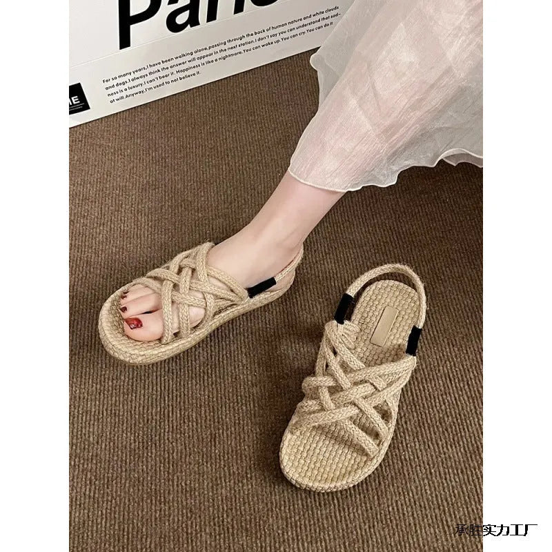 Braided hemp rope sandals for women, black, lightweight non-slip rubber sole, PU upper, round toe casual flat