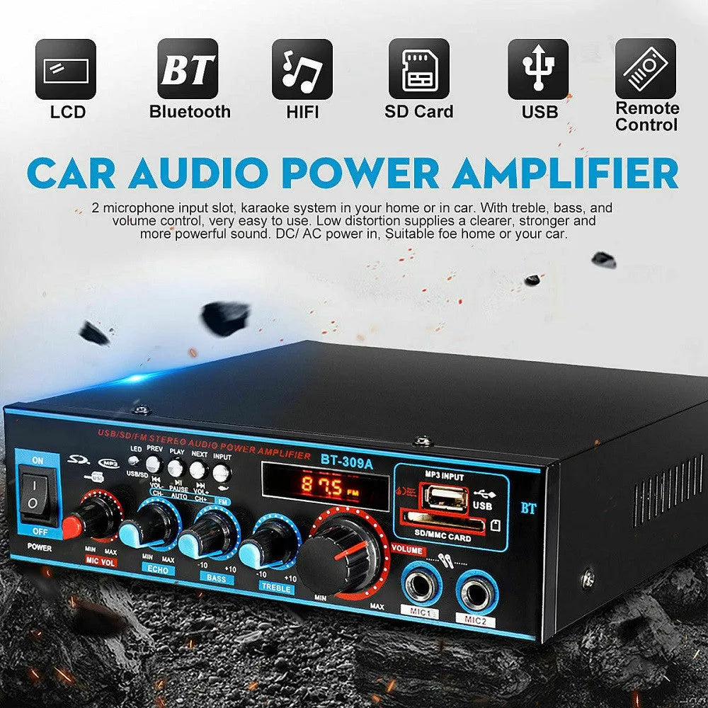 Black Bluetooth power amplifier with dual 220V/12V operation for home and car audio systems
