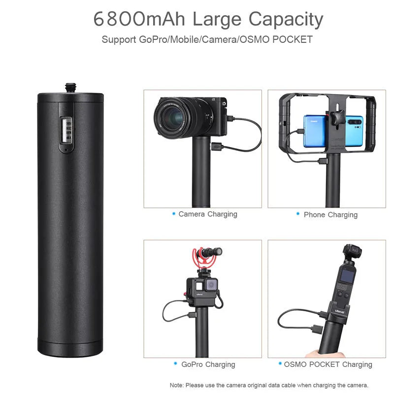 Black aluminium alloy handle-shaped power bank with 6800mAh capacity, shown next to a mobile phone.