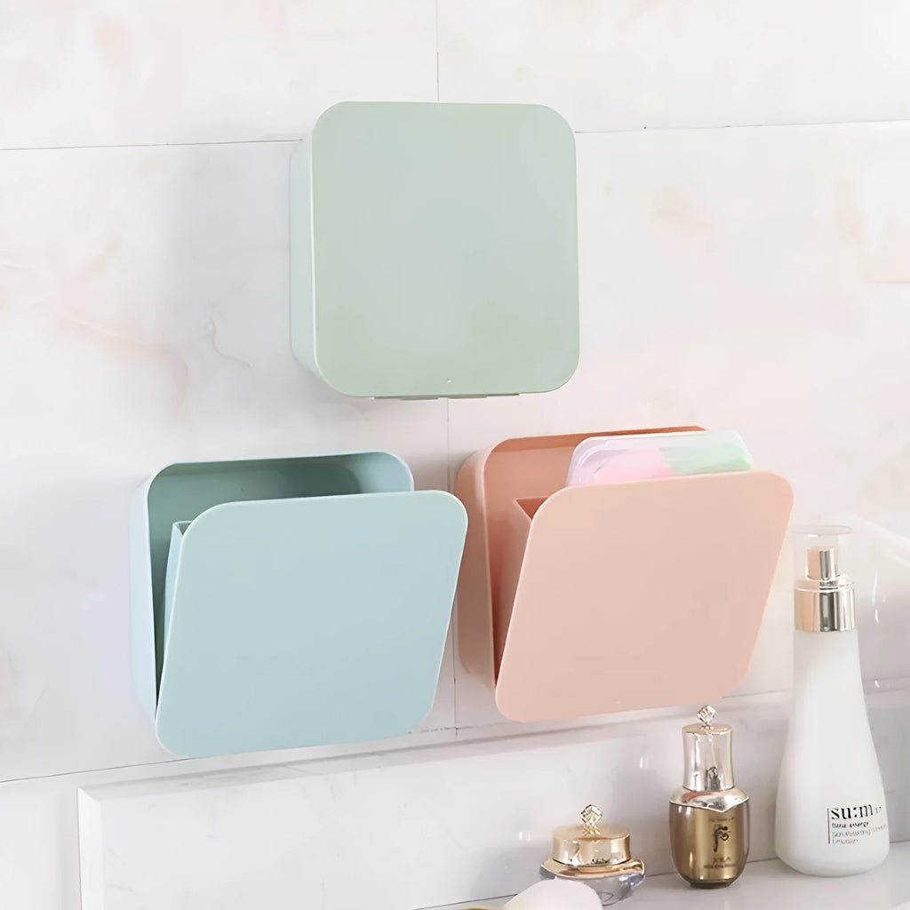 PP plastic paste wall storage box in Nordic blue with adhesive sticker mount, sealed lid, on a clean wall