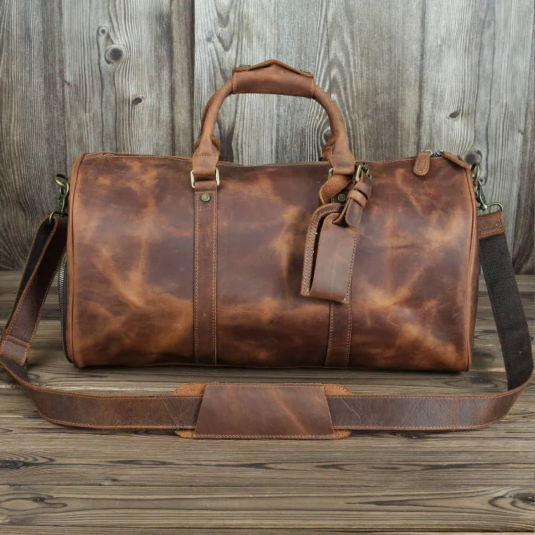 Men's crazy horse leather travel bag brown coffee 50cm length 25cm height