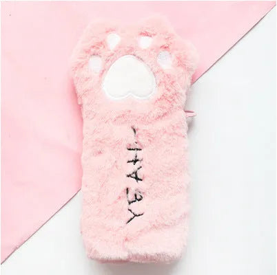 Cute plush cat's paw bag in beige with cat paw design, compact 23cm by 12.5cm Korean style handbag