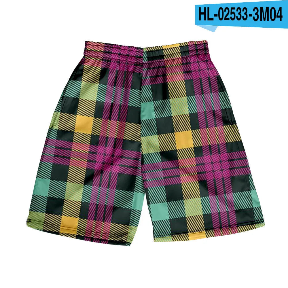 Men's polyester plaid shorts with elastic waistband in straight-leg casual style