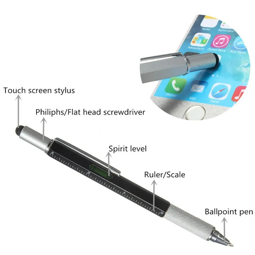 Multi-function 6 in 1 touch screen stylus ballpoint pen with spirit level and screwdrivers in black, blue, green, red, silver, yellow