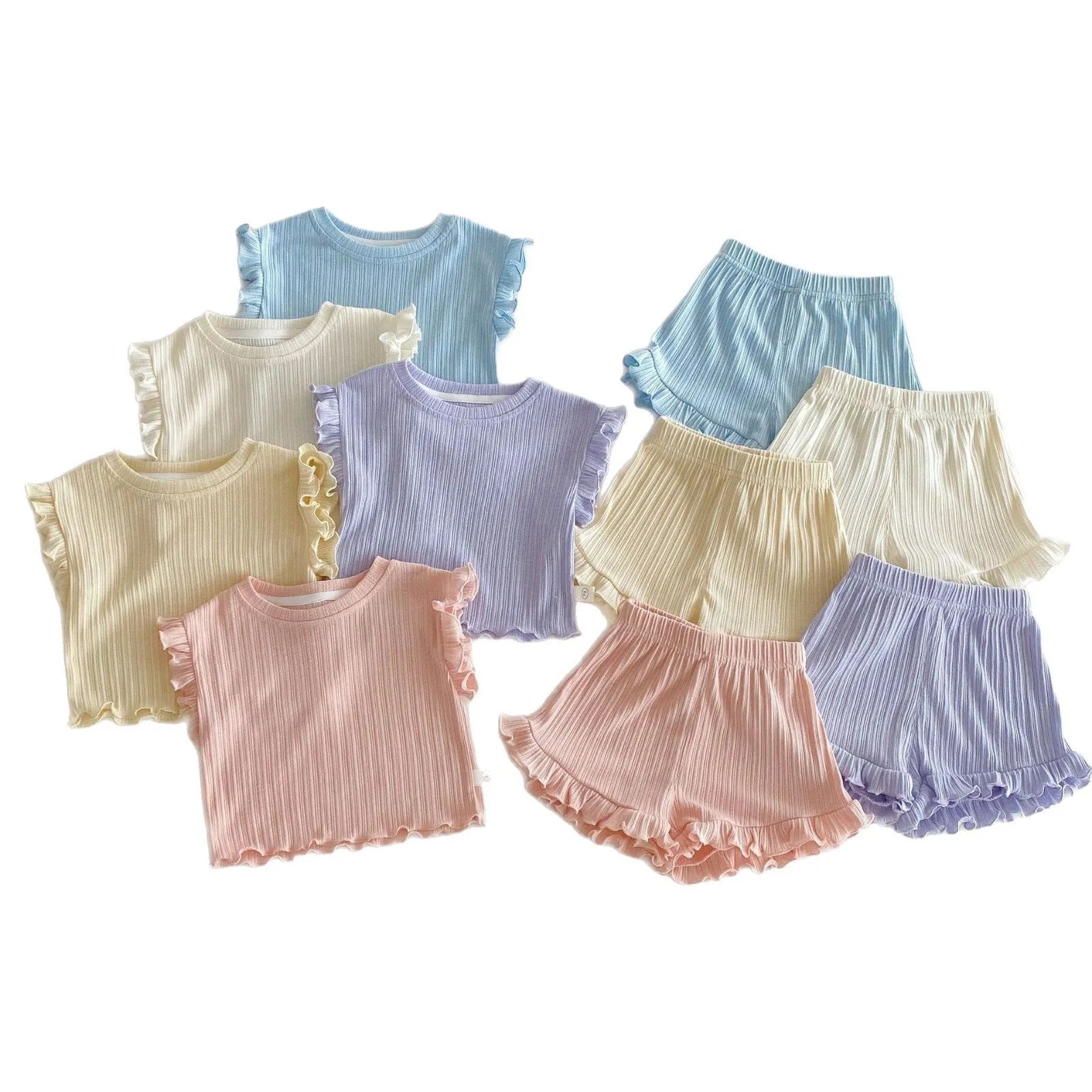 Baby girl two-piece cotton shorts set in light beige with wooden ear vest top and matching shorts