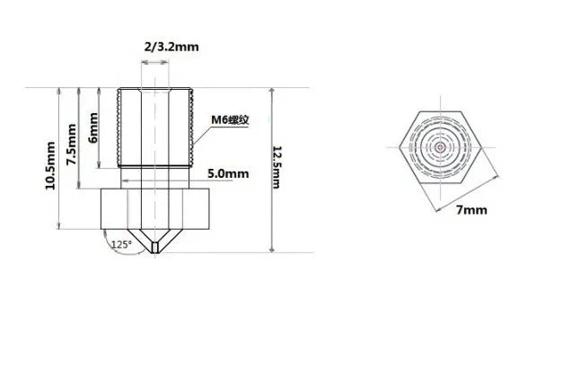 Brass 3D printer nozzle with M6 thread and 1.75mm filament support, 7mm x 12mm size