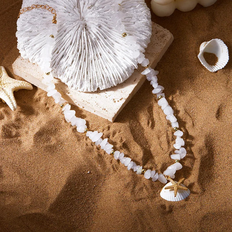 Small gravel starfish pendant necklace choker in pink and white alloy with stone inlay, bohemian geometric style for women
