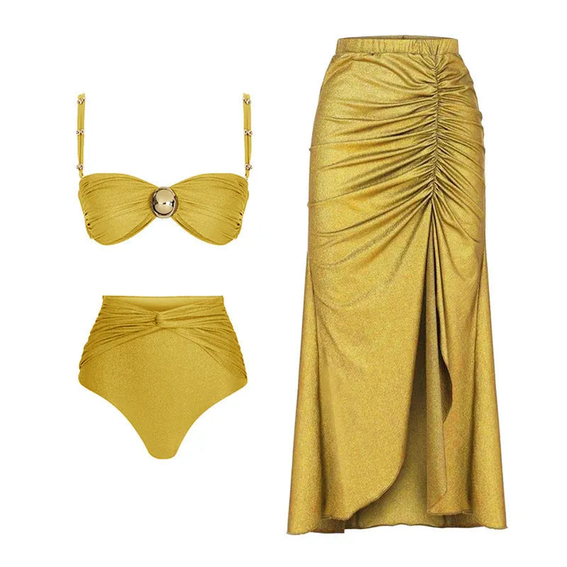 Women's high-waist split bikini set with matching skirt in yellow or green colour