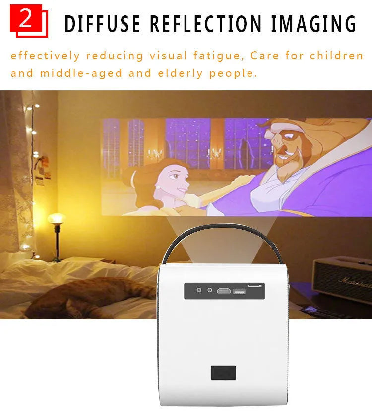 White 1080P HD portable projector with 3000 lumens, HDMI USB VGA inputs, manual focus, on a table