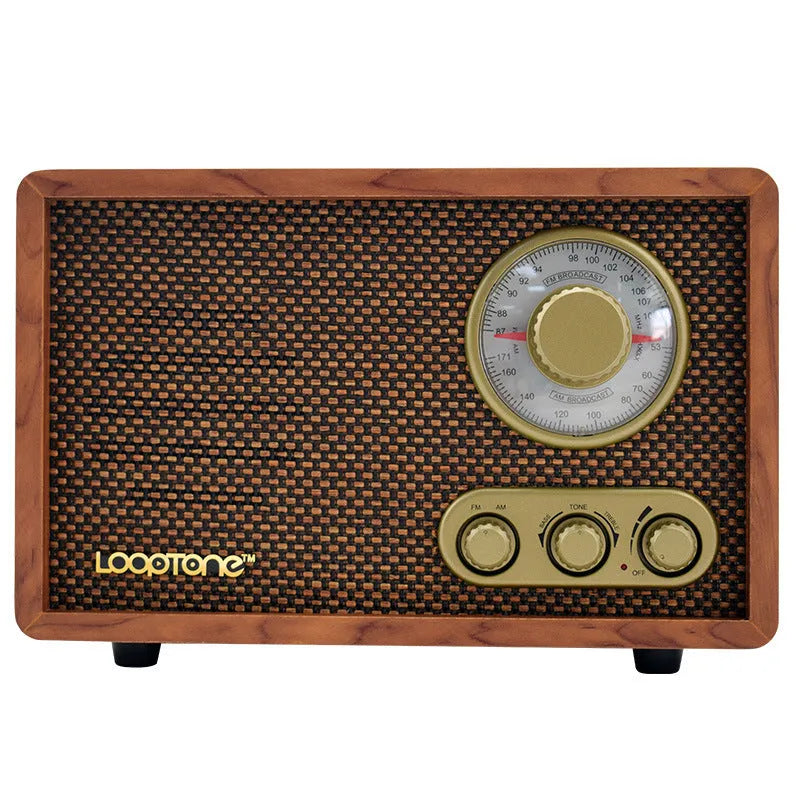 R08 wooden retro Bluetooth radio in dark brown finish with AM FM dial and tone controls
