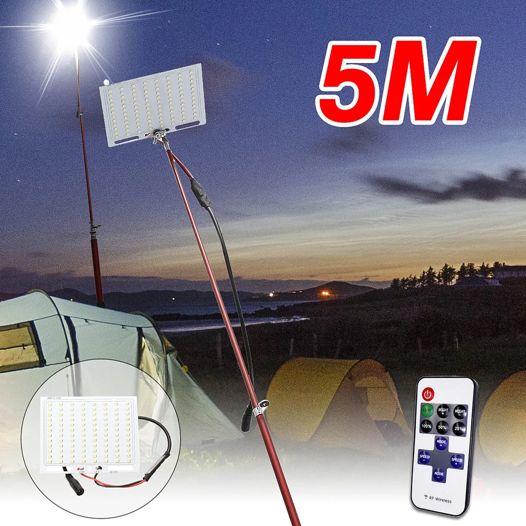 LED fishing rod light with telescopic pole extended, showing remote control and 12V power connection
