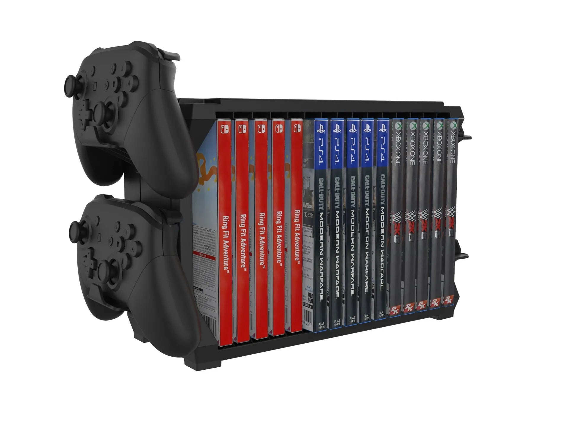 Black PS5 and Xbox Series X disc holder with controller stand organising multiple game discs