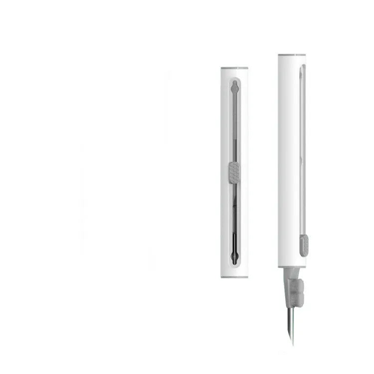 White 3-in-1 headset cleaning pen with ABS, metal, and sponge tips on blue background
