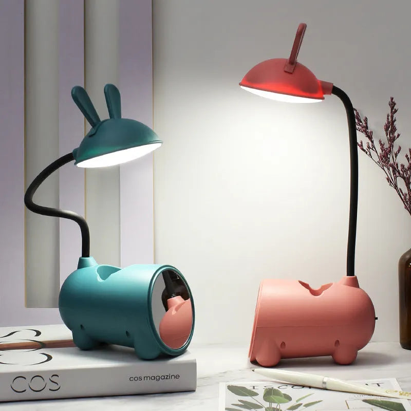 Green cartoon desktop table lamp with USB cable and built-in pen storage compartments