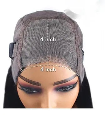 Glueless straight human hair wig with side bangs, shown in a long length.