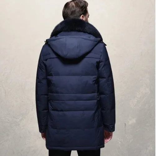 Men's thickened white duck down jacket standing collar no hood zipper front black colour solid pattern winter coat