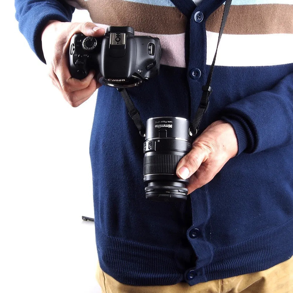 Aluminium camera lens flipper holder with shoulder strap for Canon Nikon Sony mounts