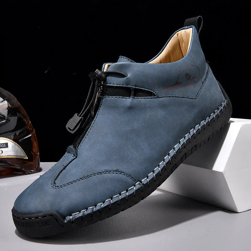 Men's casual leather shoes in khaki with round toe, mid heel, and reinforced leather upper.