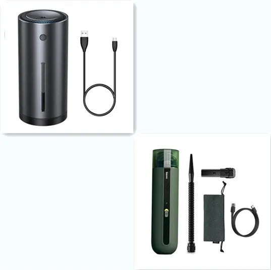 Black cordless handheld car vacuum cleaner with blowing hose attachment on a desktop.