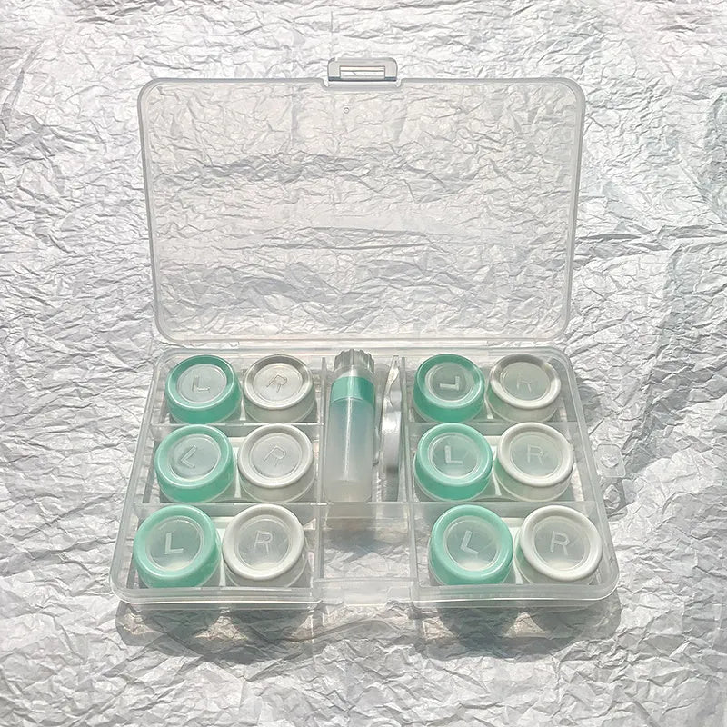 Portable rectangular contact lens case in various colours with a compact design.