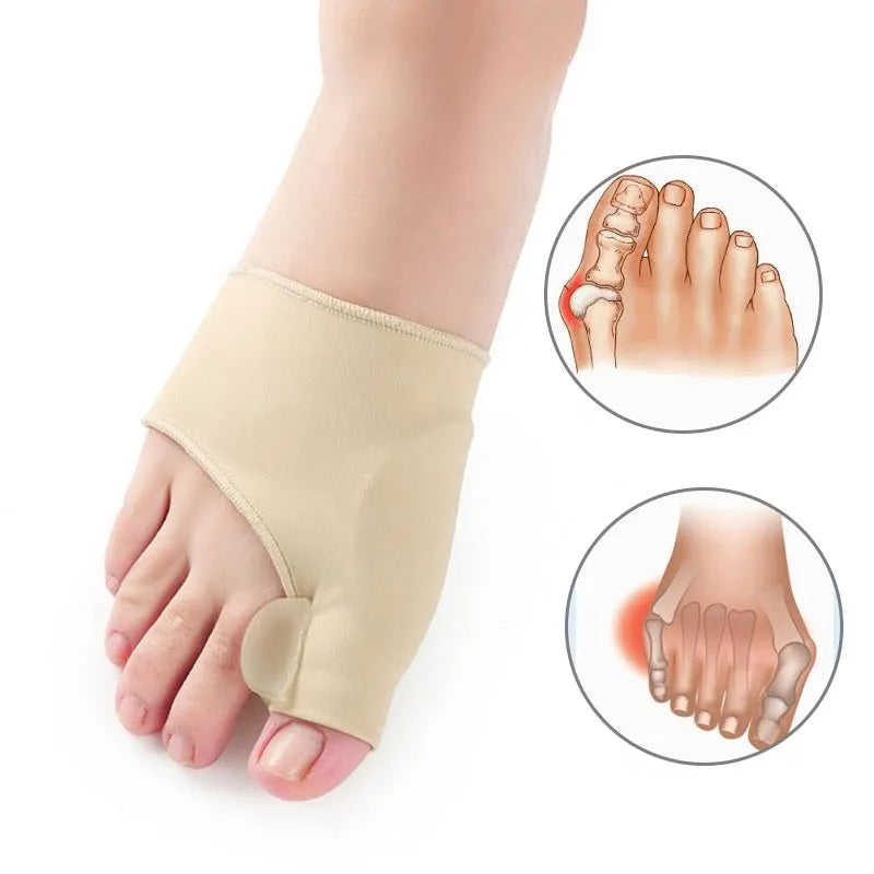 Pair of stretchable corrective socks with a visible gel bunion pad and silicone toe separator.