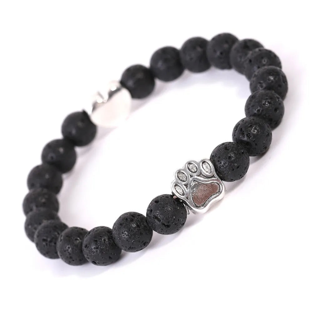 Tigereye Indian agate stone bracelet with dog paw and love heart charms on geometric beaded design