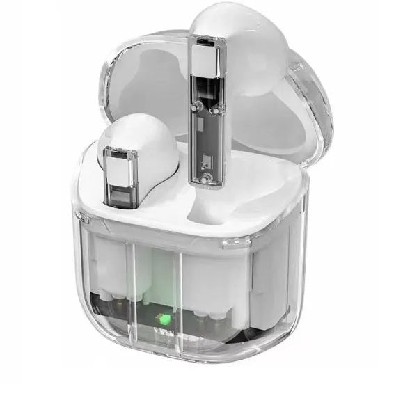 Transparent space capsule case showing true wireless Bluetooth earbuds with digital battery display