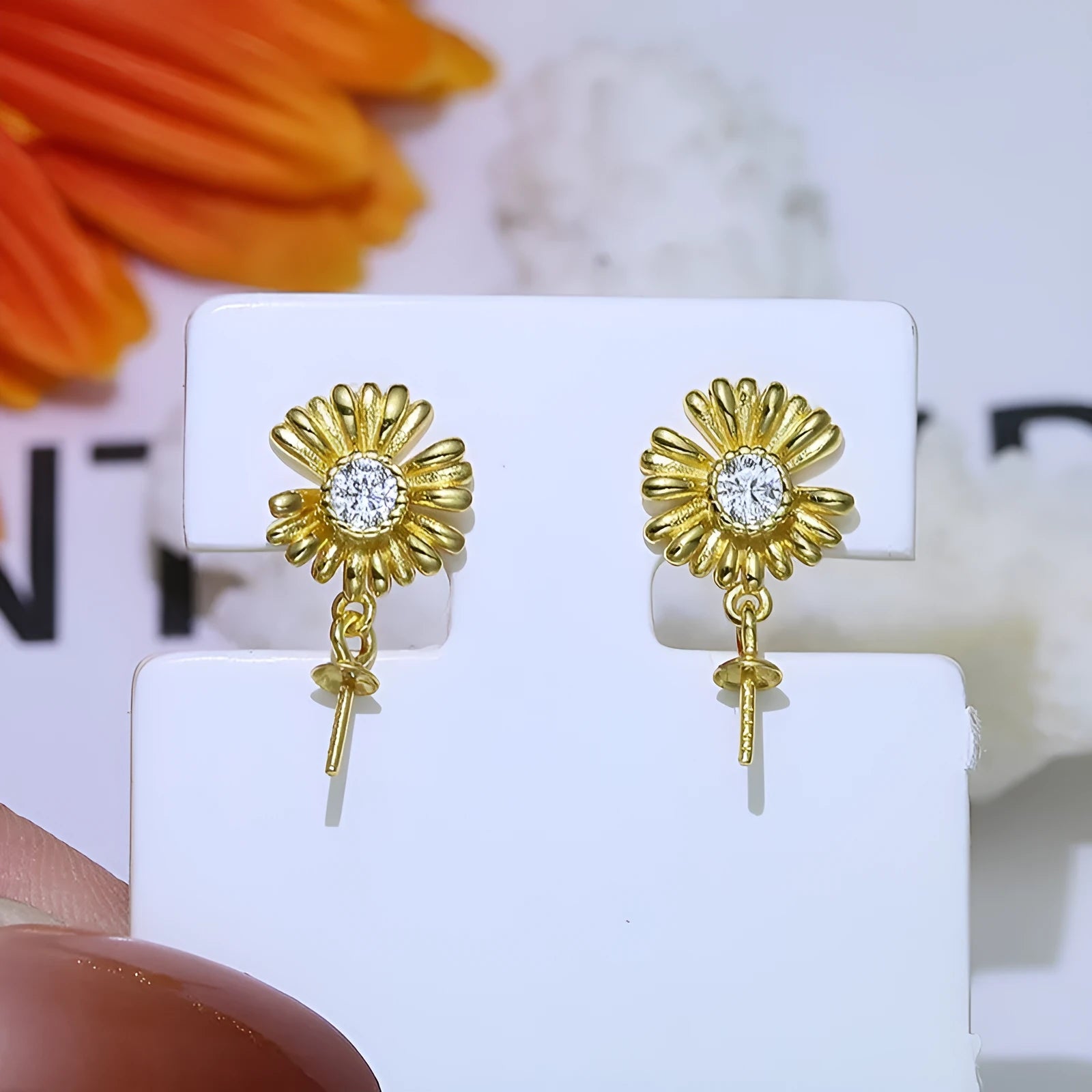 Baroque floral design sterling silver earring holder ring with matching drop earrings