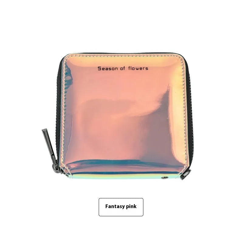 Women's short folding Korean-style wallet in glitter blue or green colours showing 11cm dimensions