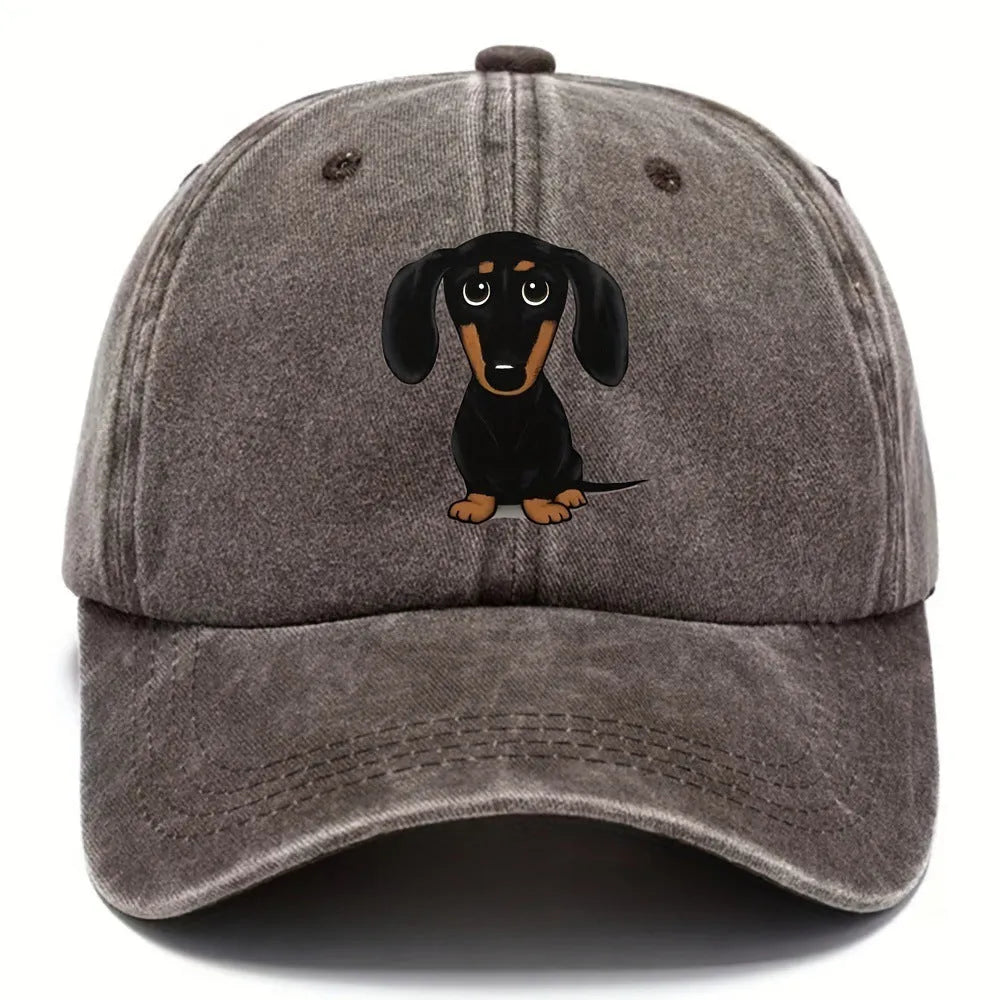 Retro washed cotton baseball cap with embroidered Dachshund design in dome crown style