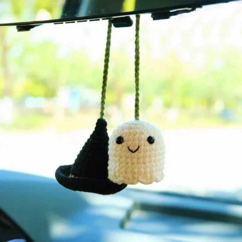 Plush hand-woven polyester automobile hanging ornament with cartoon style design on car dashboard