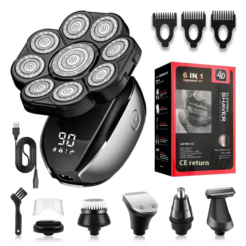 Black rechargeable 6-in-1 hair clipper grooming kit with attachments laid out.