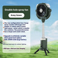 Outdoor camping spray fan with light, remote control, and extendable pull rod in army green