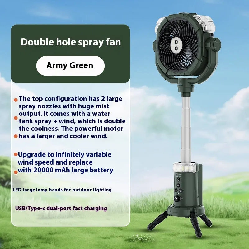 Outdoor camping spray fan with light, remote control, and extendable pull rod in army green