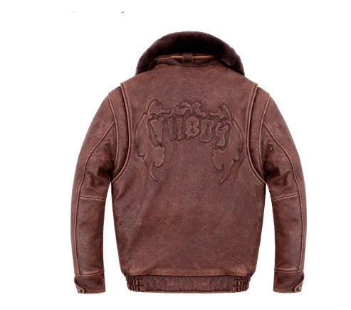 American style men's casual flight suit genuine leather jacket in old brown, loose fit, ribbed hem