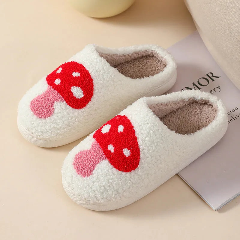 Women's plush slippers with cartoon love patterns and PVC non-slip soles in multiple colour options