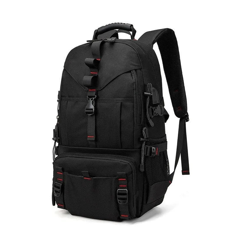 Men's large black waterproof Oxford cloth hiking backpack with padded straps and multiple compartments.