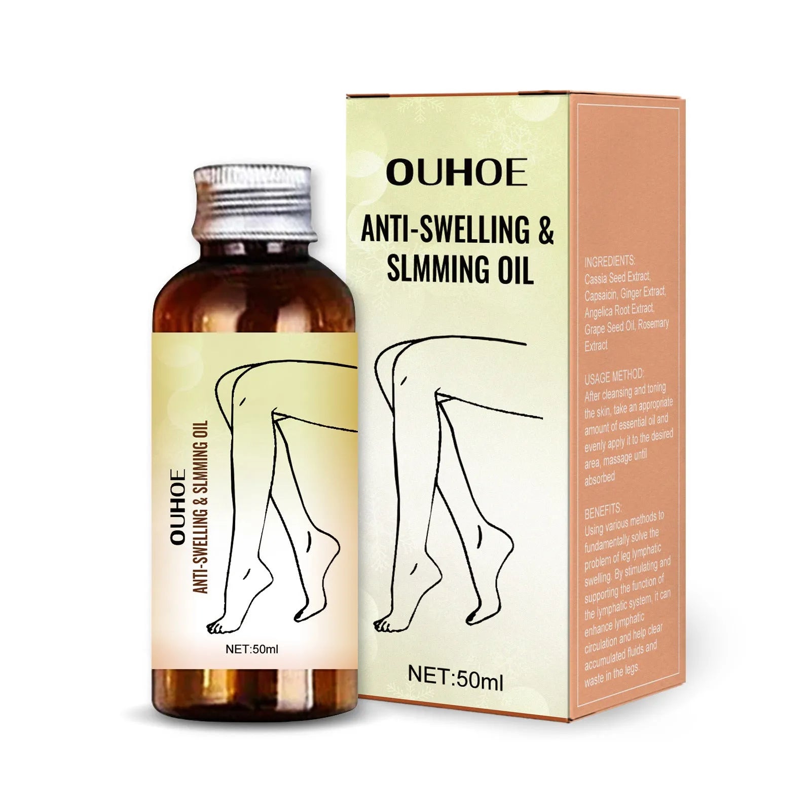 50ml bottle of moisturising body essential oil with natural extracts for skin care and leg massage.