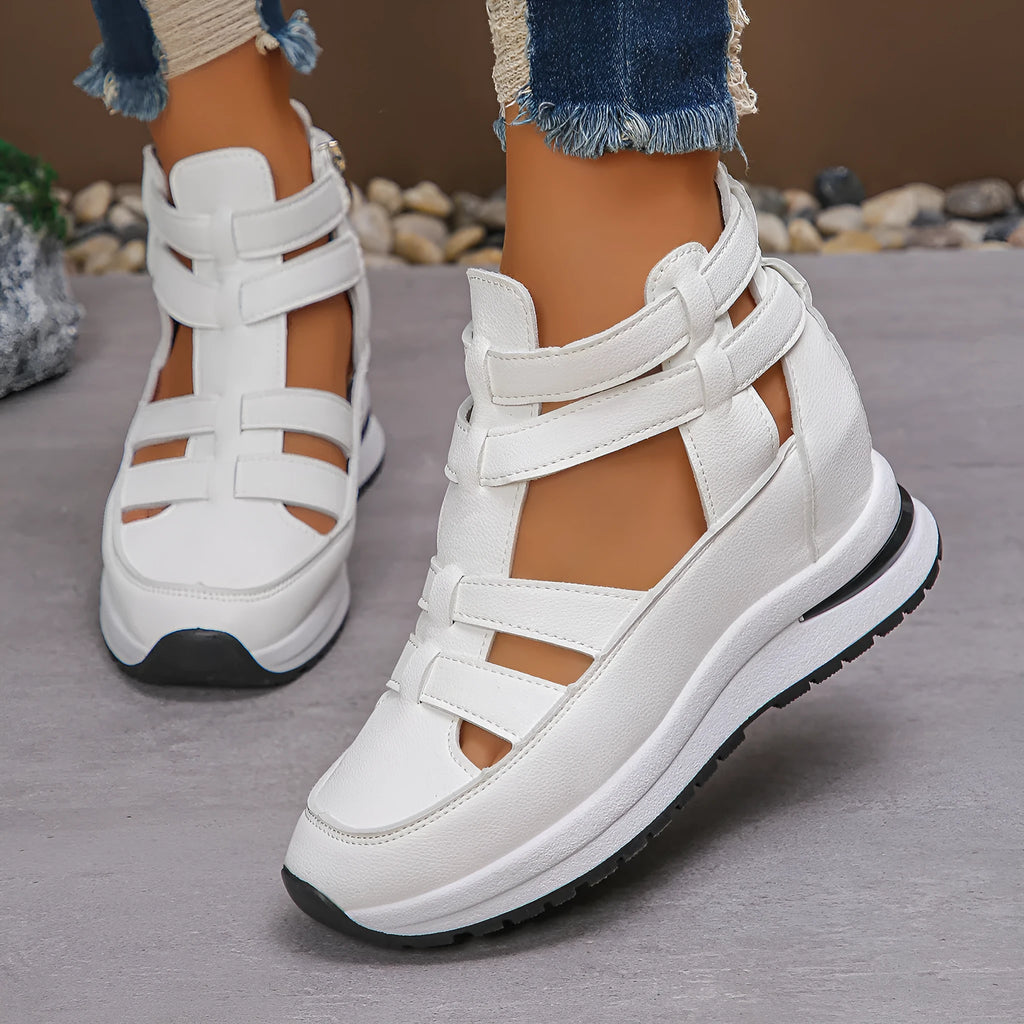 Women's black close-toed platform sandals with hollow-out design and Velcro strap