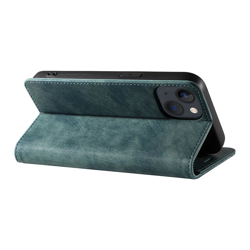 Magnetic flip leather phone case for iPhone in grey, showing front cover closed.