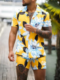 Men's Hawaiian floral two-piece set in picture colour with short-sleeved shirt and shorts on a light background