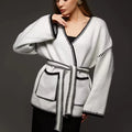 Loose knitted cardigan with lace-up front in imitation cashmere blend fabric