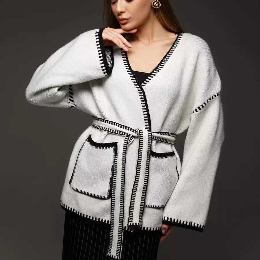 Loose knitted cardigan with lace-up front in imitation cashmere blend fabric