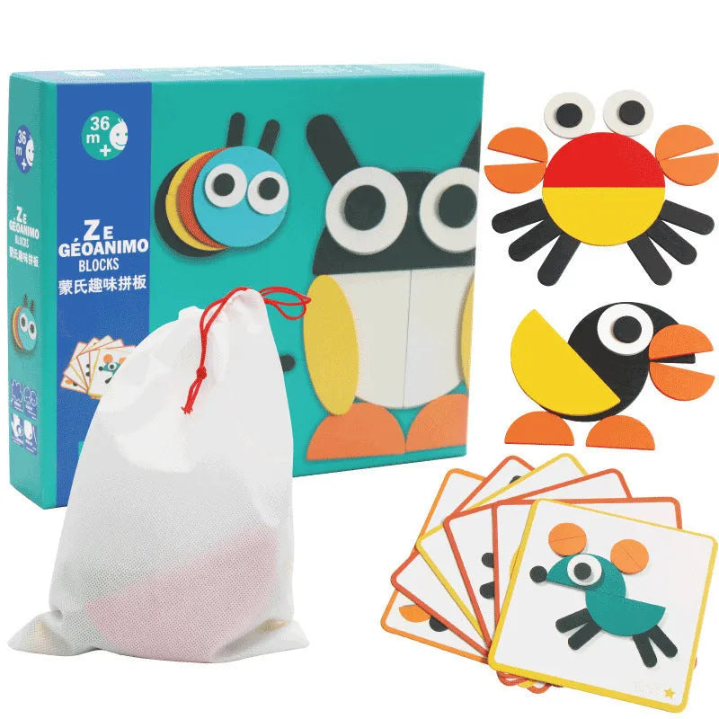 Wooden tangram 3D animals puzzle with multi-colour pieces on table