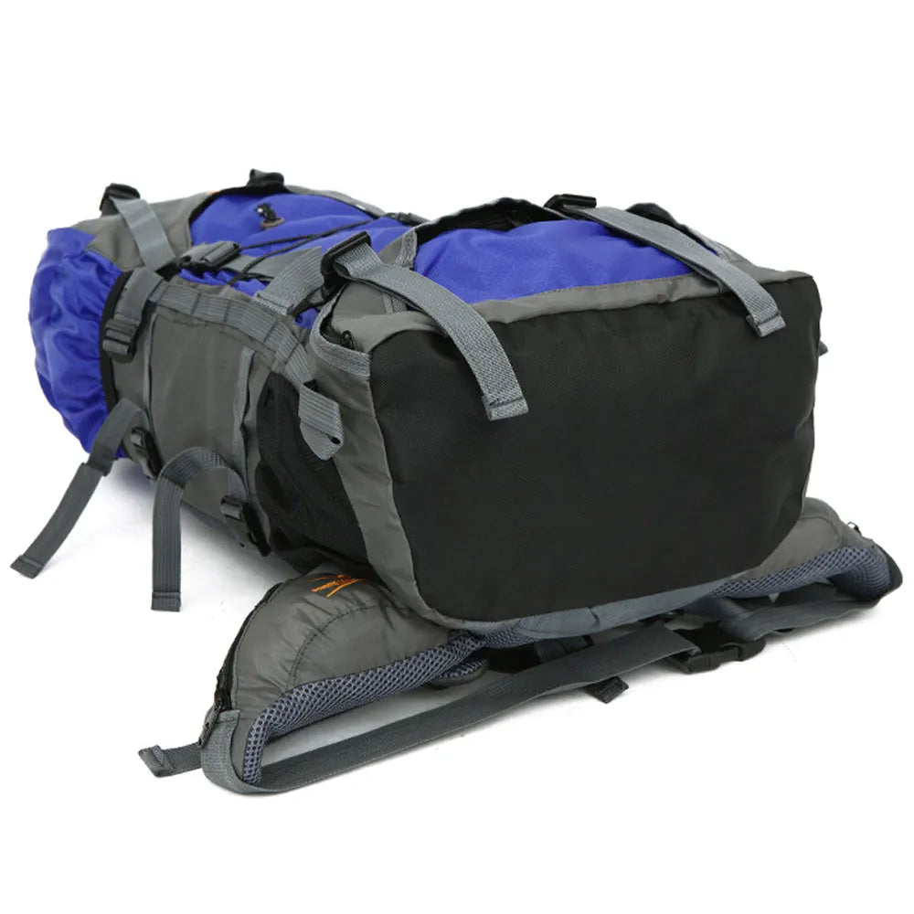 Extra large 60L nylon water resistant outdoor travel backpack with external stores system and adjustable shoulder strap