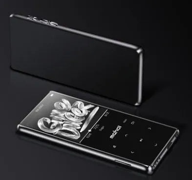 Black portable MP3 MP4 player with 2.4-inch touch screen showing music interface, placed on a desk.