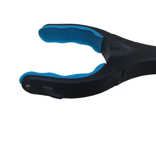 Blue foldable aluminium walking stick with a TPR foam grip, shown both extended and folded.
