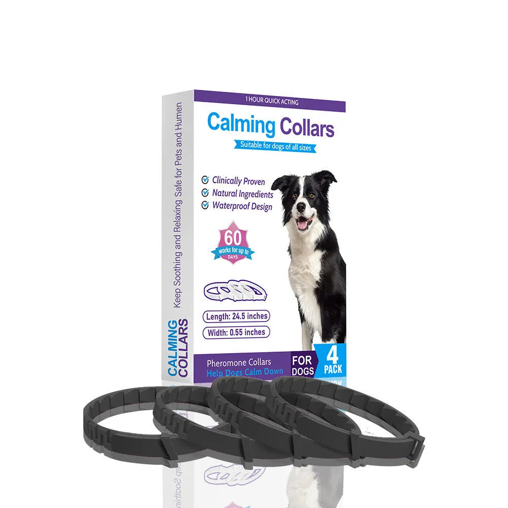 Four TPR dog anxiety collars in different colours showing Chinese style monochrome pattern.