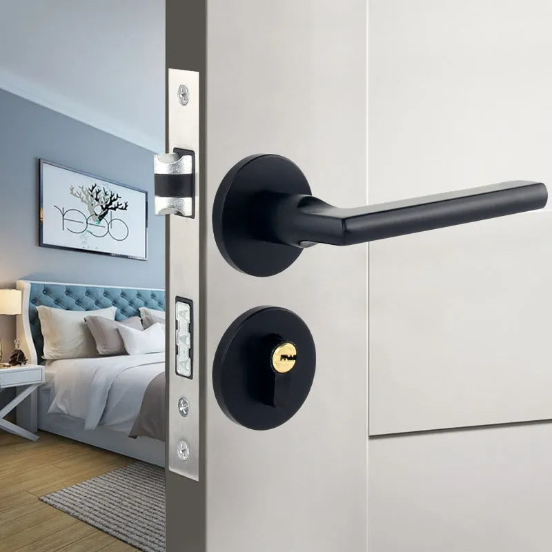 Aluminium split magnetic door lock handle for timber doors in black and silver finish.