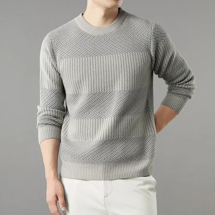 Men's round neck long sleeve chenille base sweater in apricot, straight fit, on a plain background
